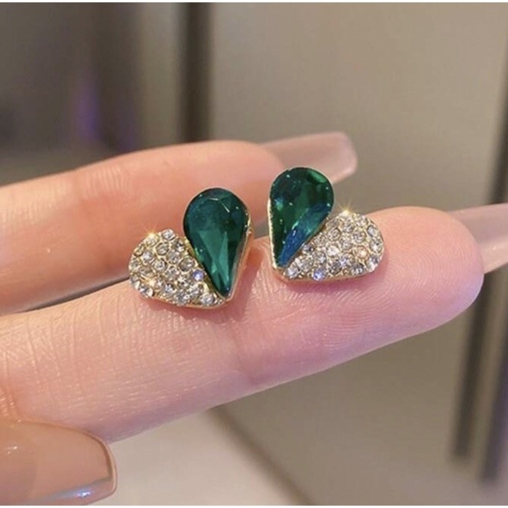 Green Heart Crystal Rhinestone Stud Earrings Yellow Gold Accent Fine‎ Jewelry